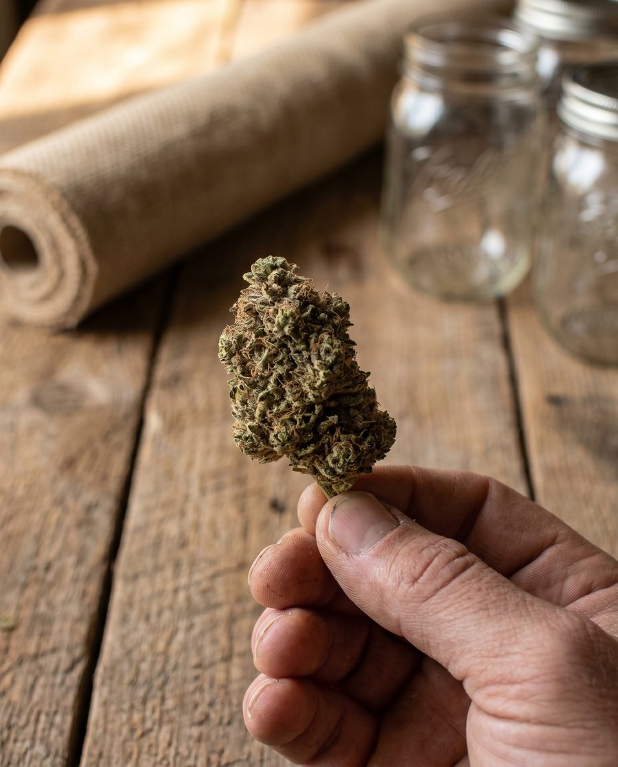A worker's hand cradling a frosted bud of Highway Dispos cannabis on a weathered cedar farm table.
